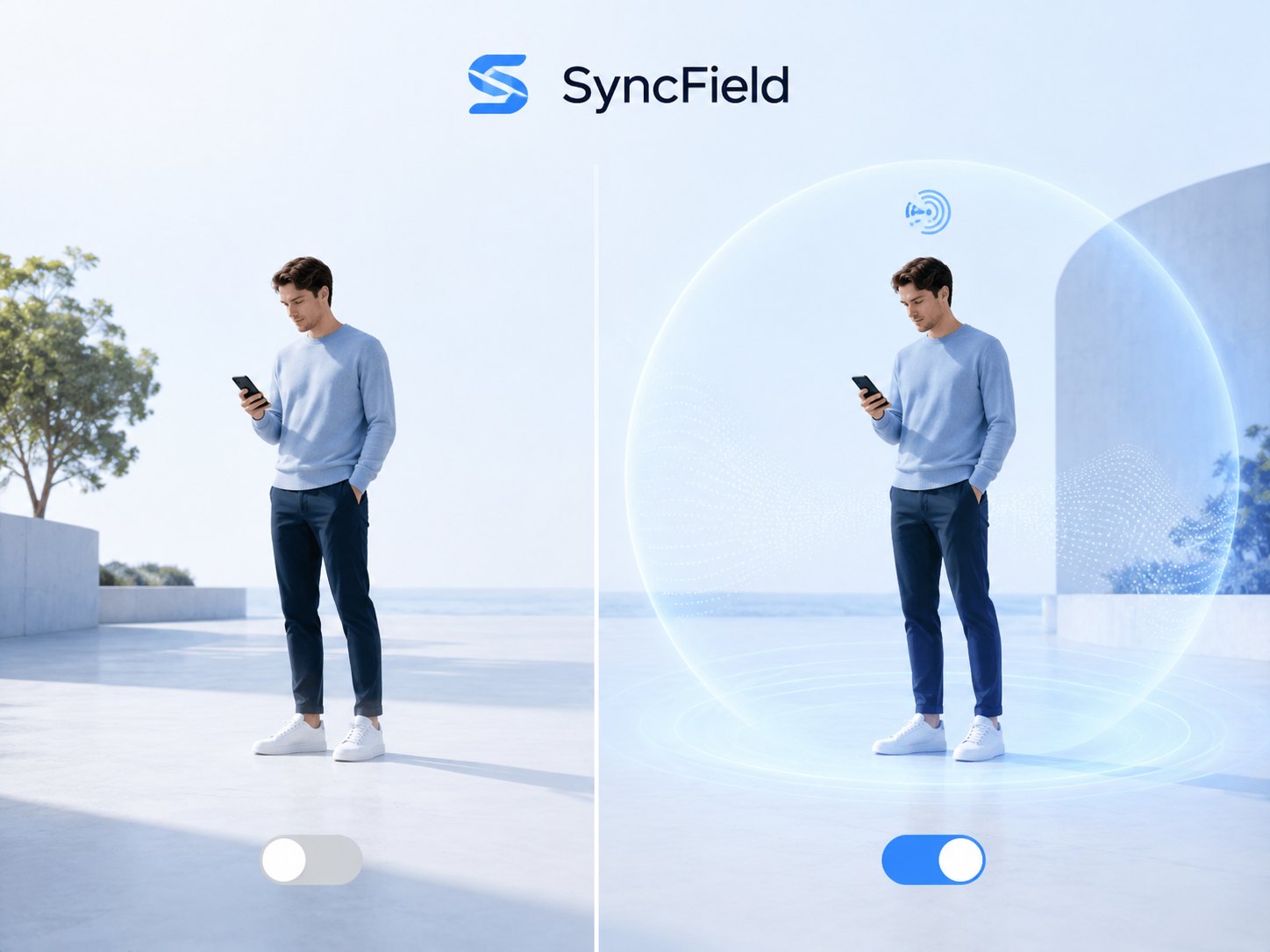 Field off and field on comparison showing a private signal field around a person.